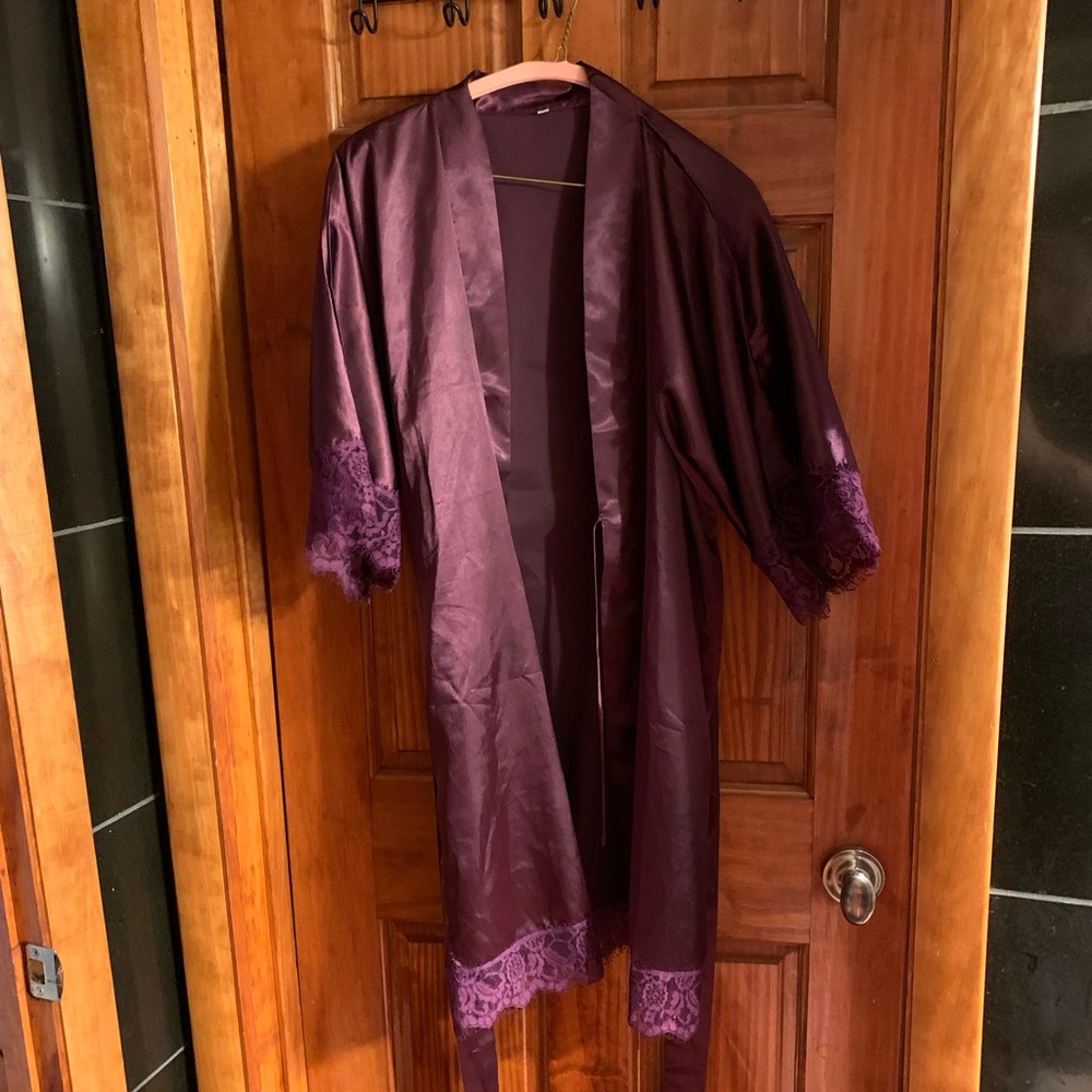 Purple Satin Knee Length Robe With Lace Hems